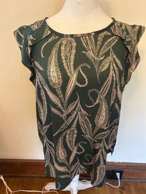Loft Green Gold floral  Cap-Sleeve Blouse Size L EUC